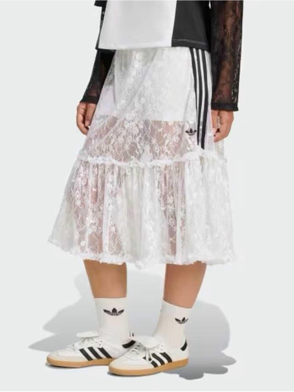 Adidas White Lace Midi Skirt with Black 3-Stripe Trim - Picture 2 of 4